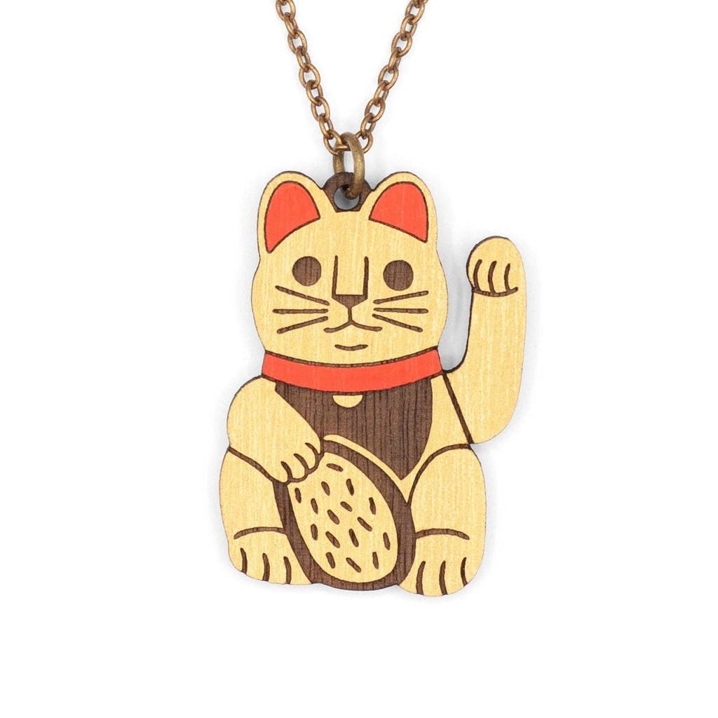 collier chat chanceux en bois materia rica 