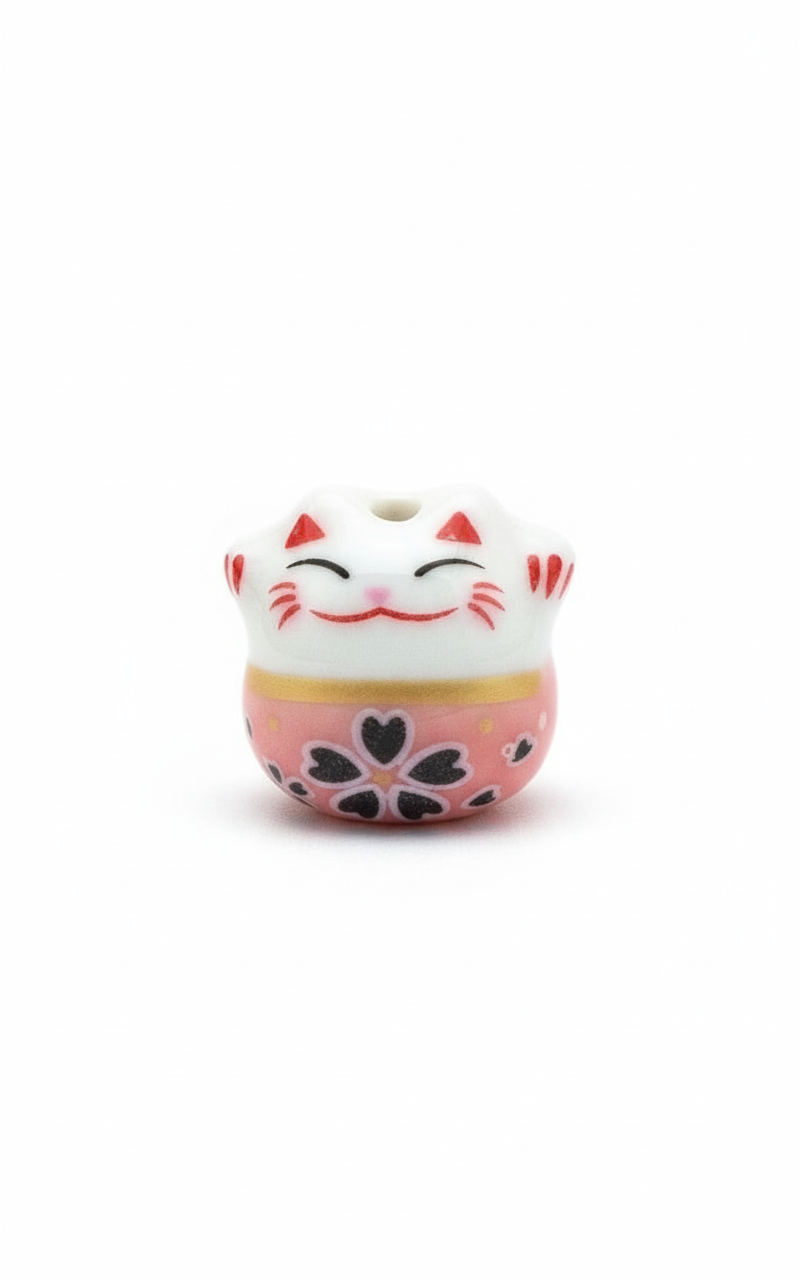Perle Chat chanceux blanc et rose