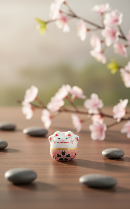 Perle Chat chanceux blanc et rose