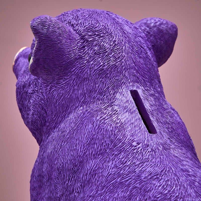 Tirelire, résine poly violette, 24 x 12 x 22,5 cm