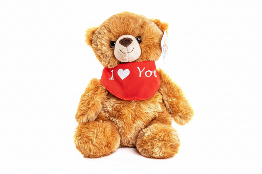 Teddybär-Plüschtier (braun) mit „Ich liebe dich“-Schal
