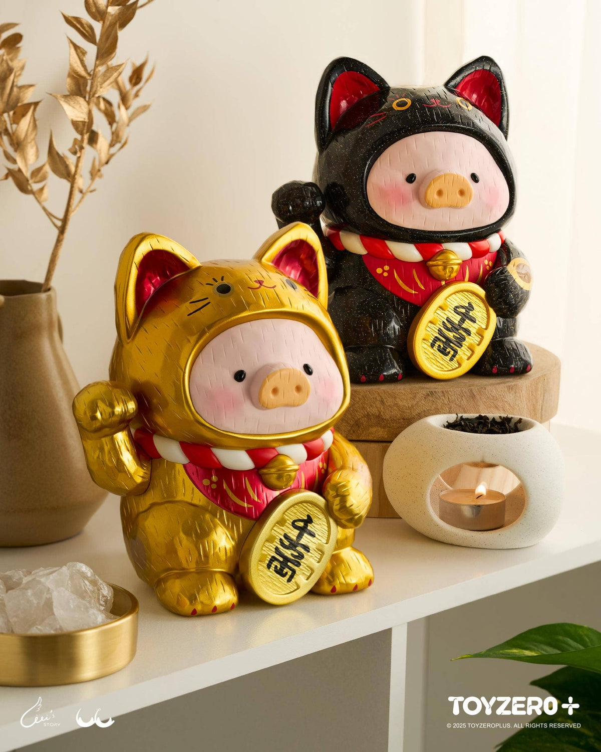LuLu le Cochonnet - Maneki Lu (chat doré) — sculpture en bois 18cm