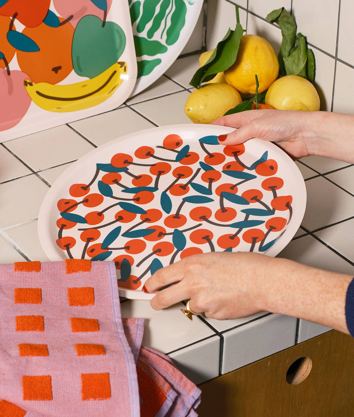 Round Serving Tray with Cherries