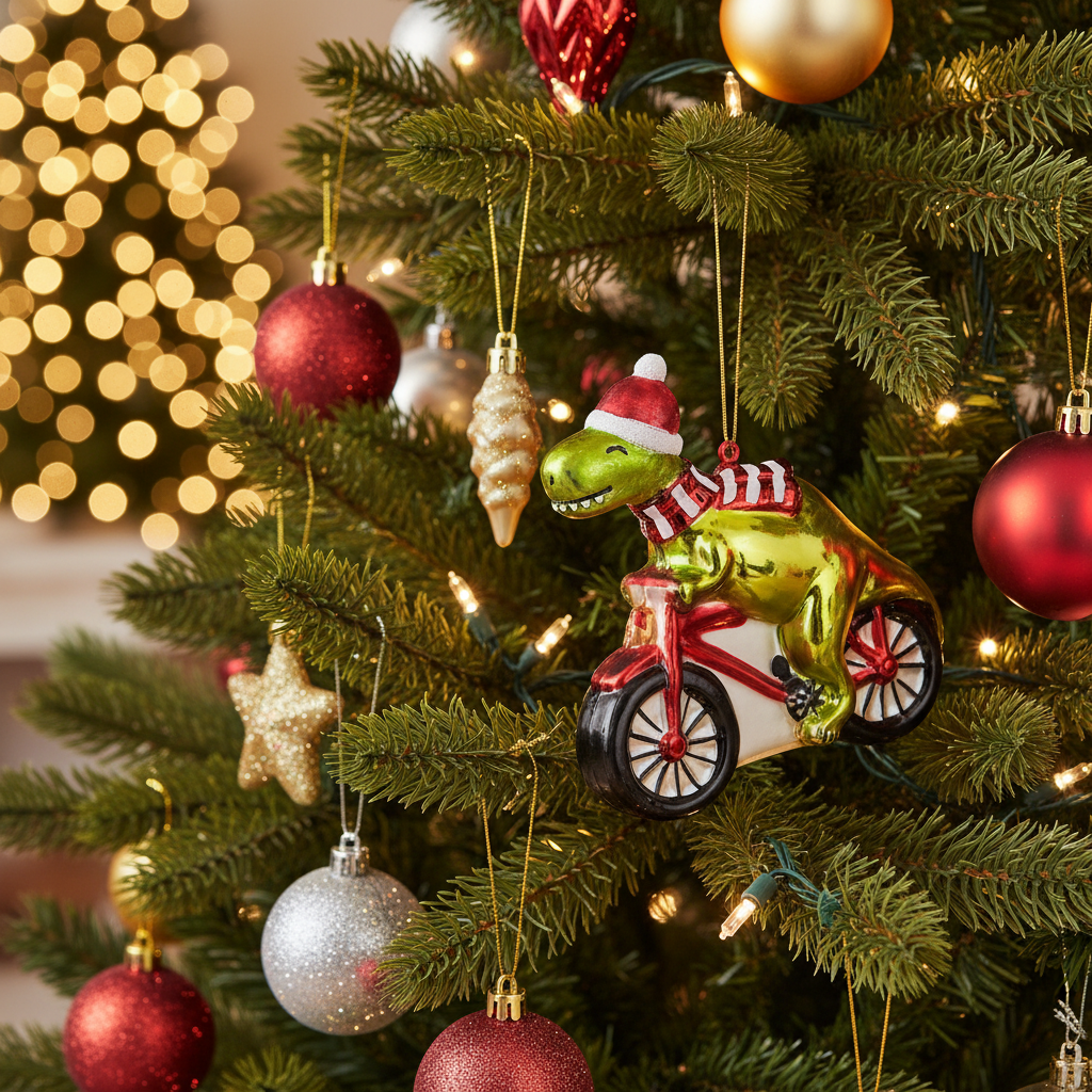 Weihnachtskugel Dinosaurier auf Fahrrad