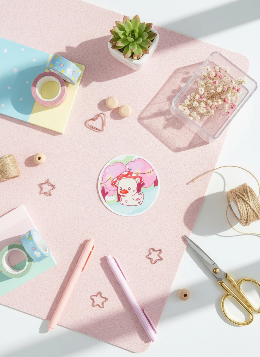 Adesivo rotondo con anatra e funghi