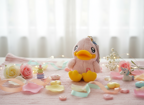 Portachiavi con papera di peluche rosa