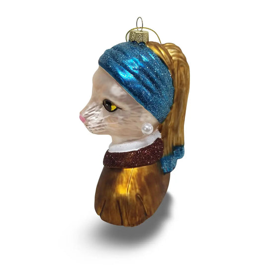 Boule de Noël Jeune Fille à la Perle Chat Blanc Naked Decor CoinCaillerie