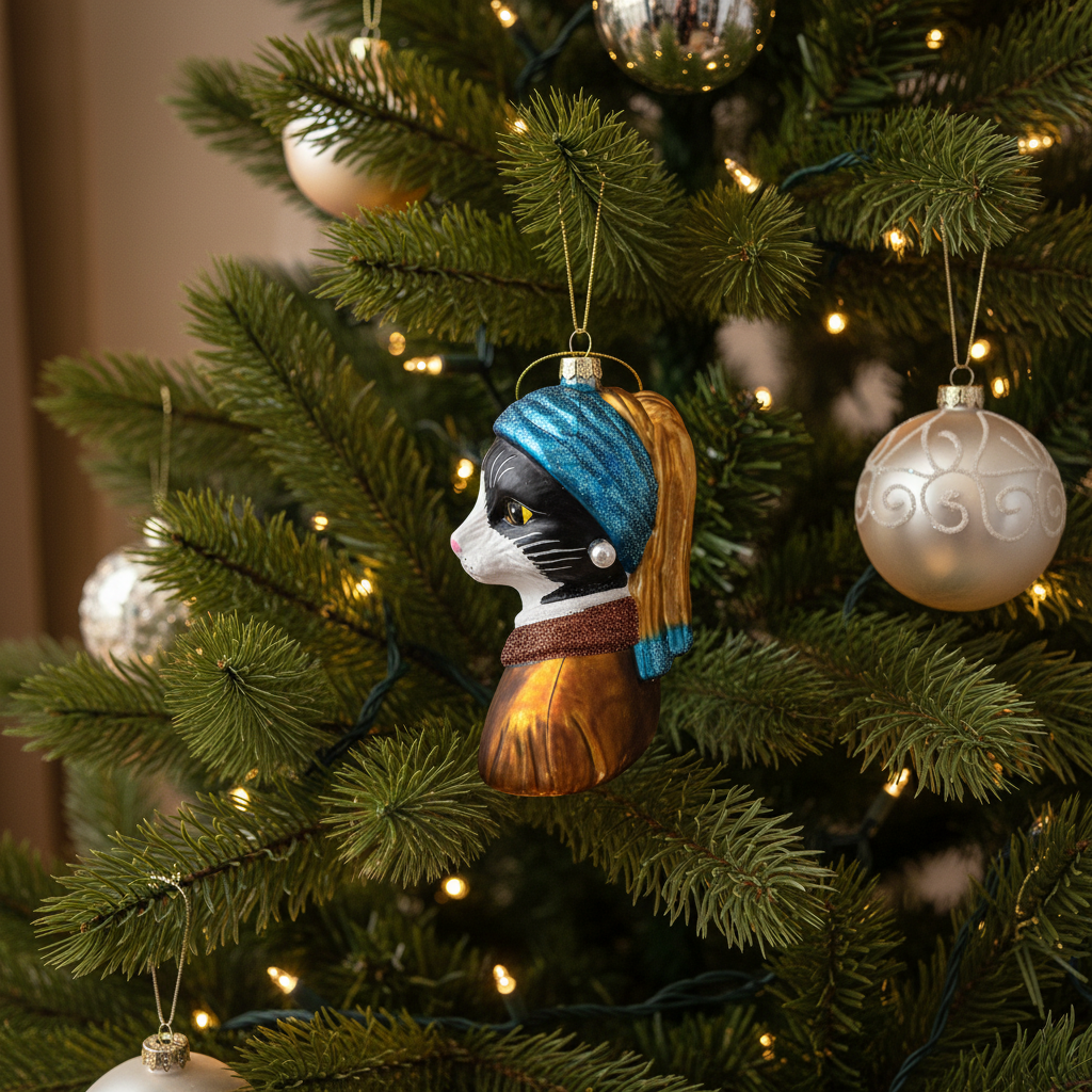 Christmas Ball Girl with a Pearl Earring Tuxedo Cat