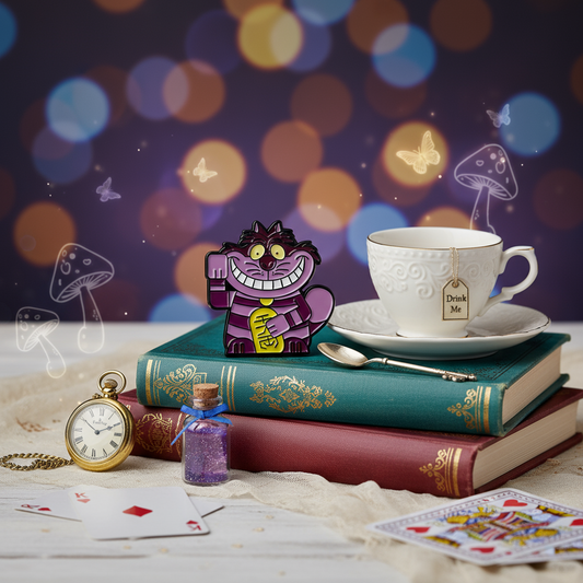 Fialový odznak Lucky Cat "Cheshire Cat"