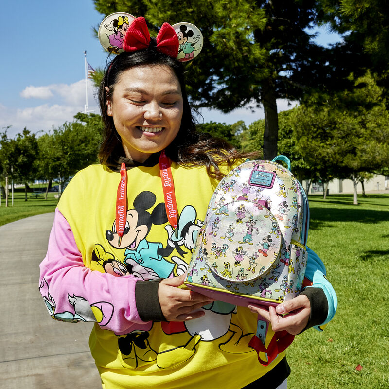 disney100 mickey mouse classic corduroy convertible mini backpack & crossbody Loungefly Disney100 Mickey & Friends Classic AOP Mini Backpack With Ear Headband