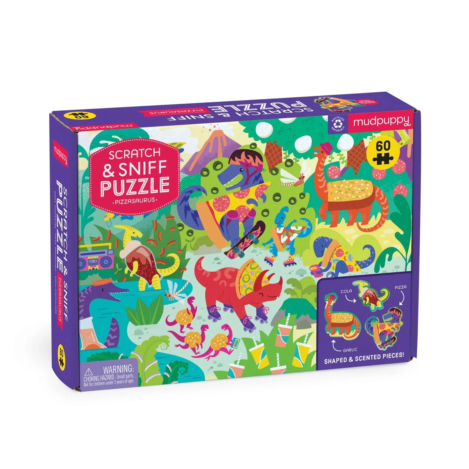pizzasaurus 60 piece scratch sniff puzzle mudpuppy