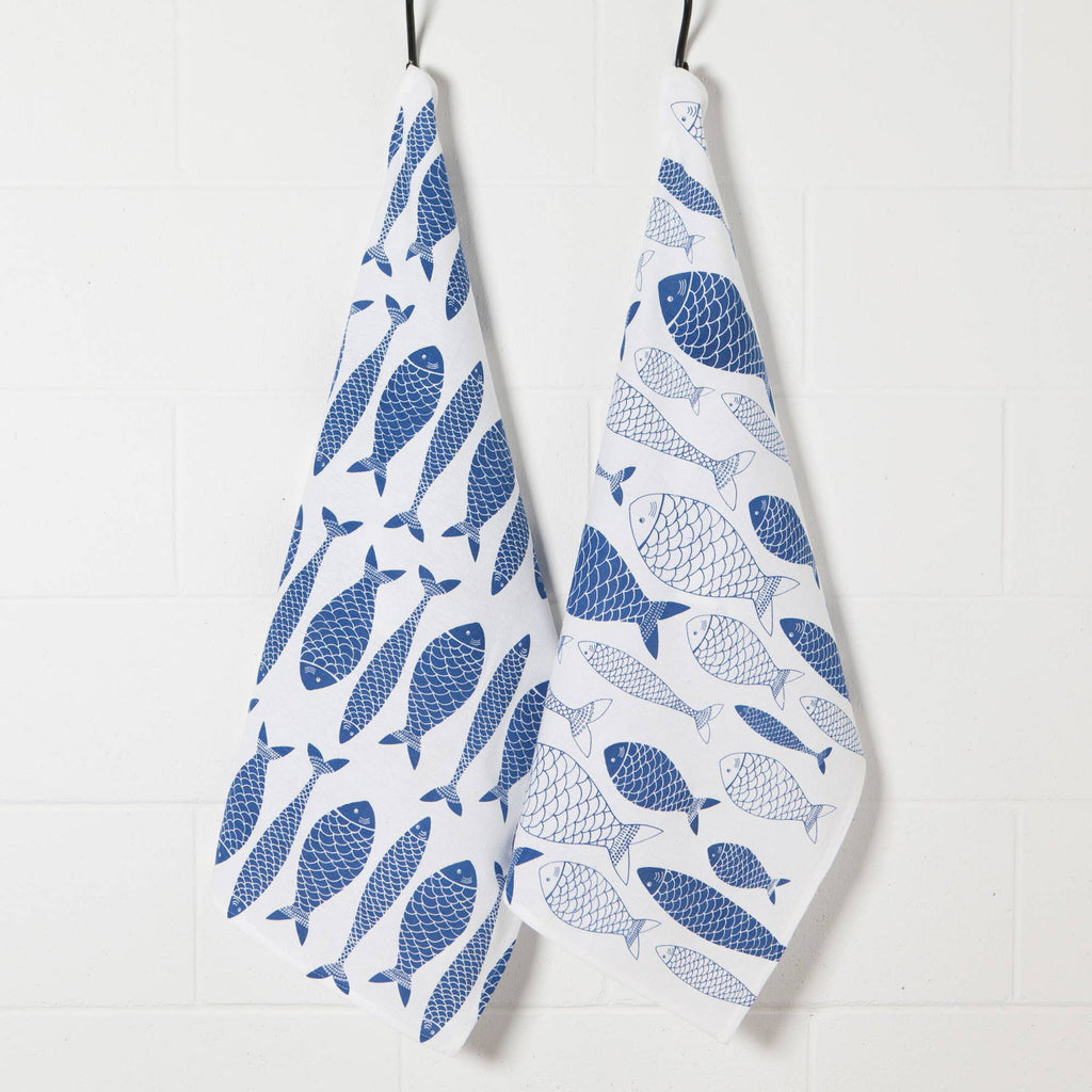 Lot de 2 Torchons à Vaisselle Floursack Bleu Roi à Motif de Poissons
