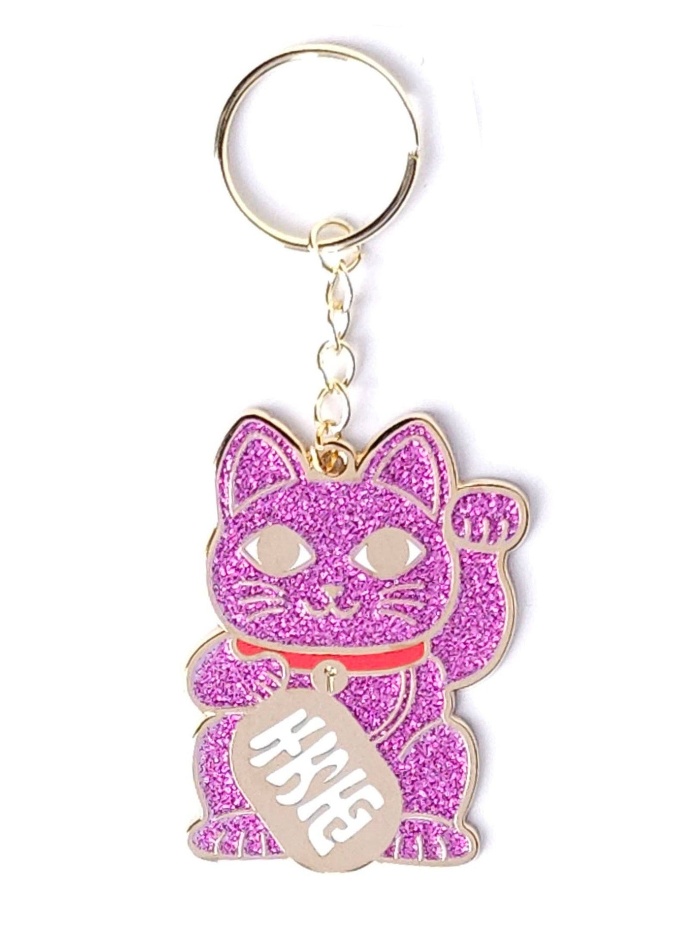 Glitzernder pinkfarbener Schlüsselanhänger mit Glückskatzenmotiv