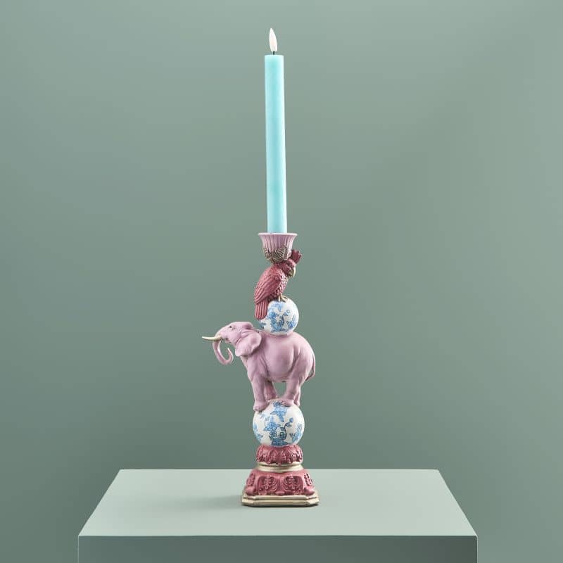 Bougeoir Oiseau sur Éléphant, Résine Rose, 13 x 9x30,5