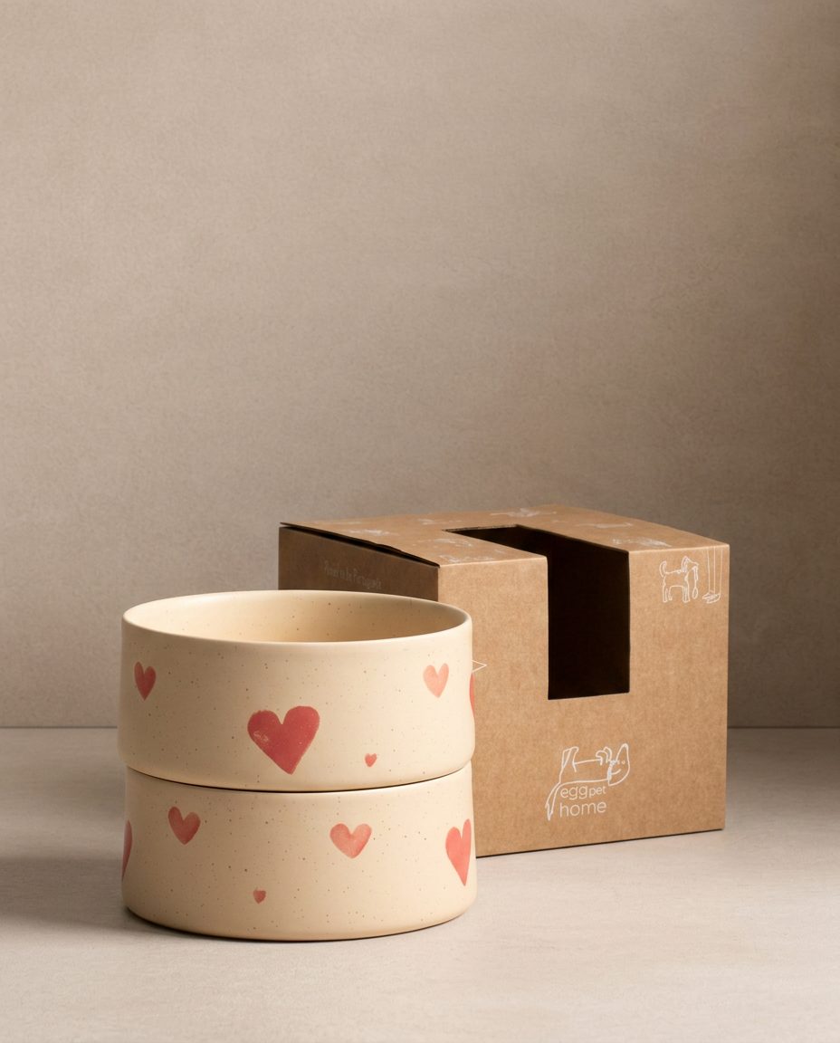 Cozy Hearts Stoneware Pet Bowl 14cm 2 Pieces Set