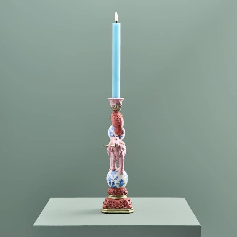 Bougeoir Oiseau sur Éléphant, Résine Rose, 13 x 9x30,5