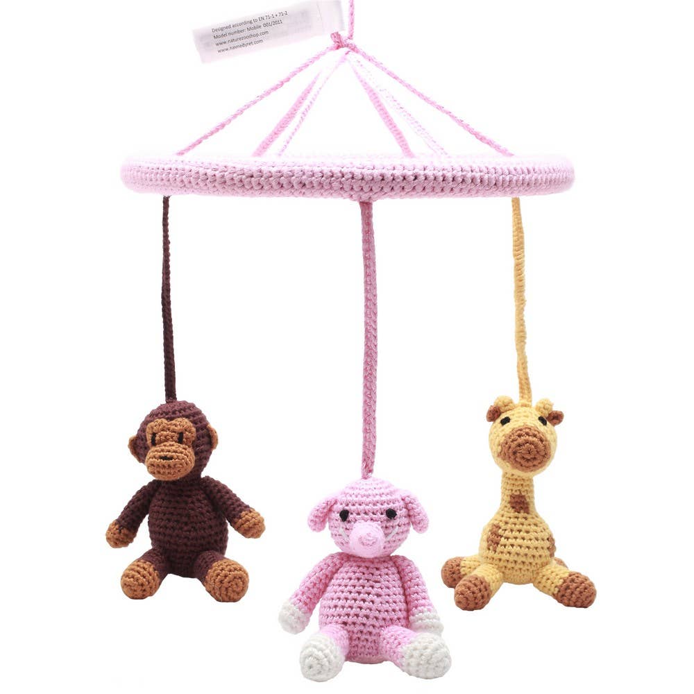 Mobile avec singe, girafe et éléphant (rose)