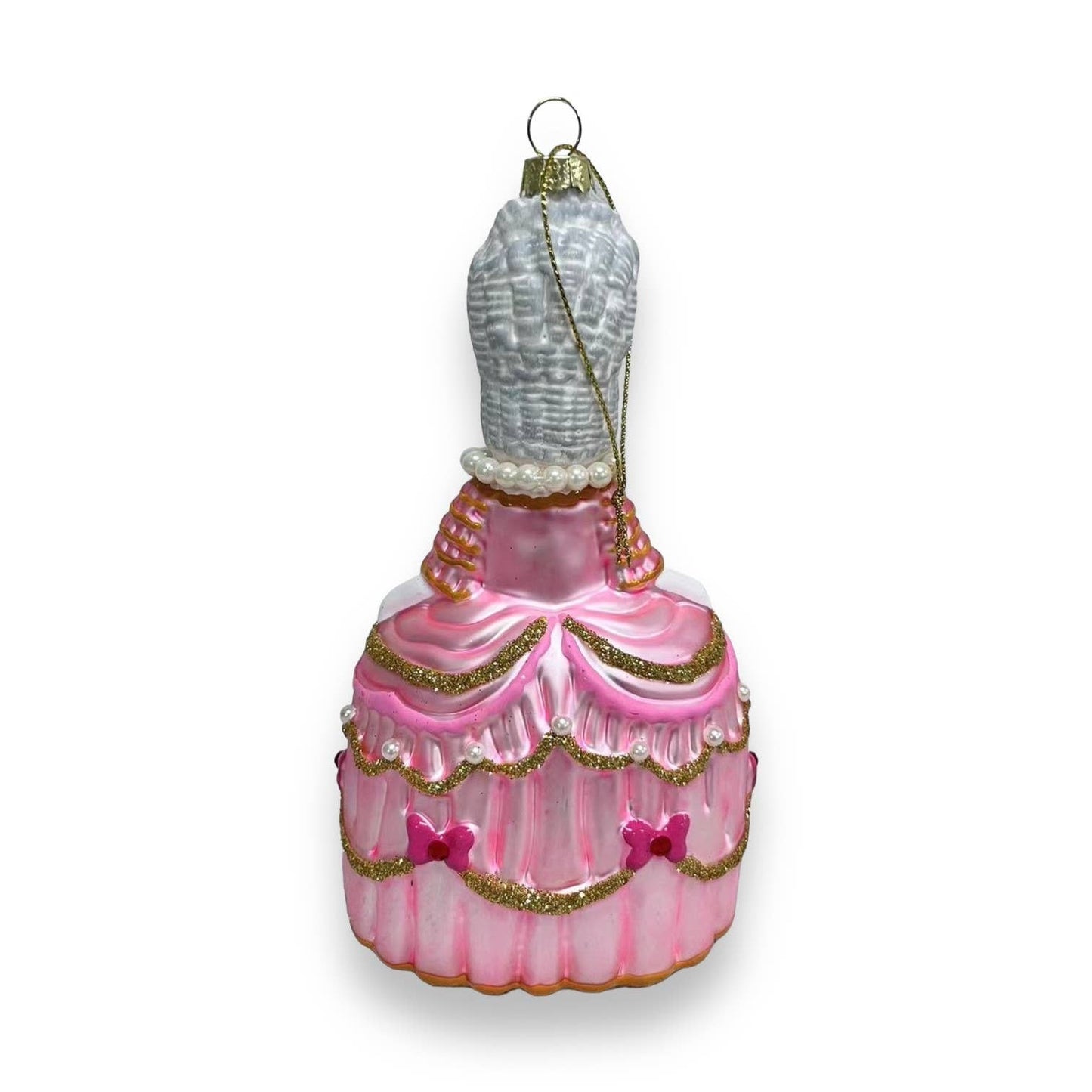 Christmas bauble featuring a white cat named Marie Antoinette, “Let Them Eat”