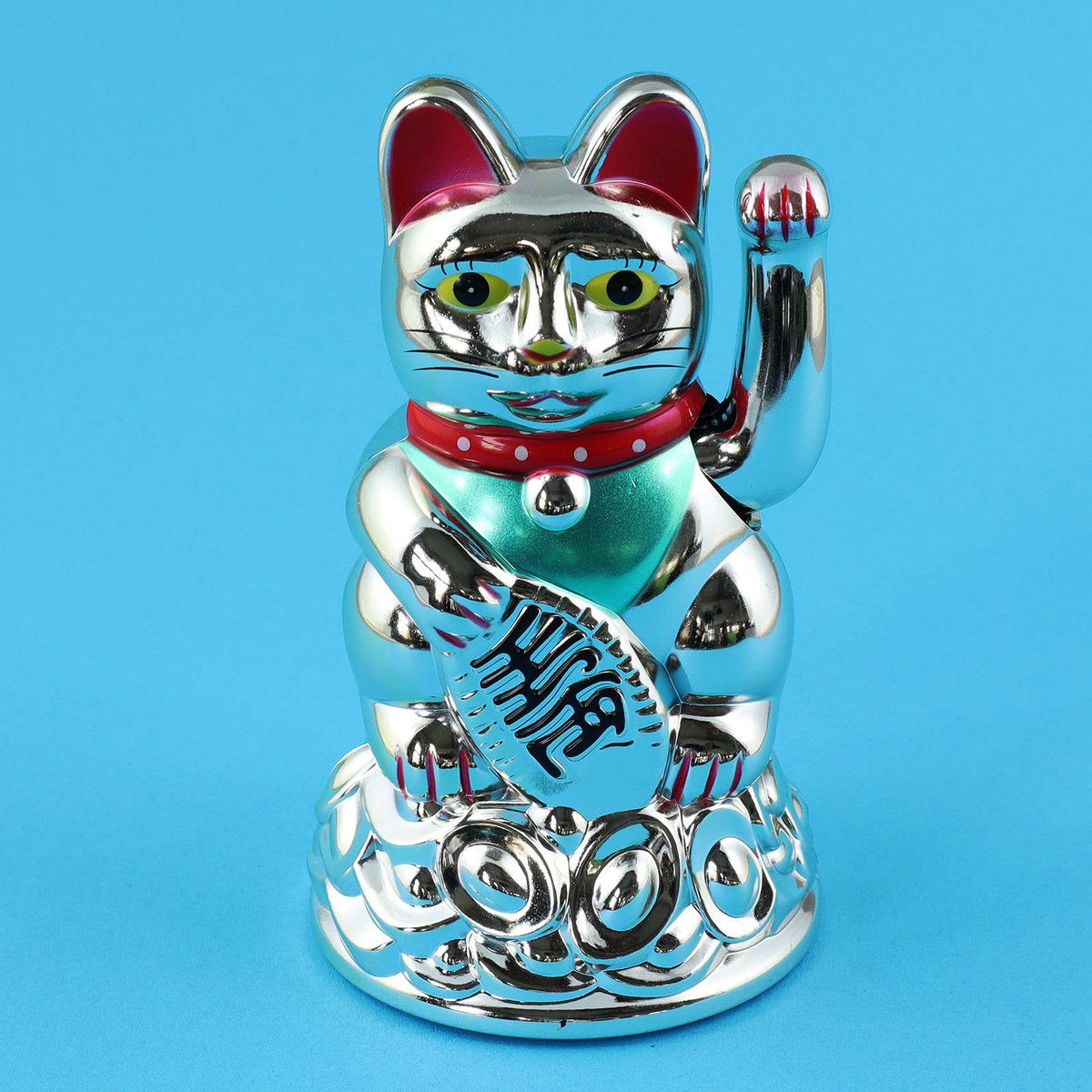 Chat chanceux solaire argenté 11cm