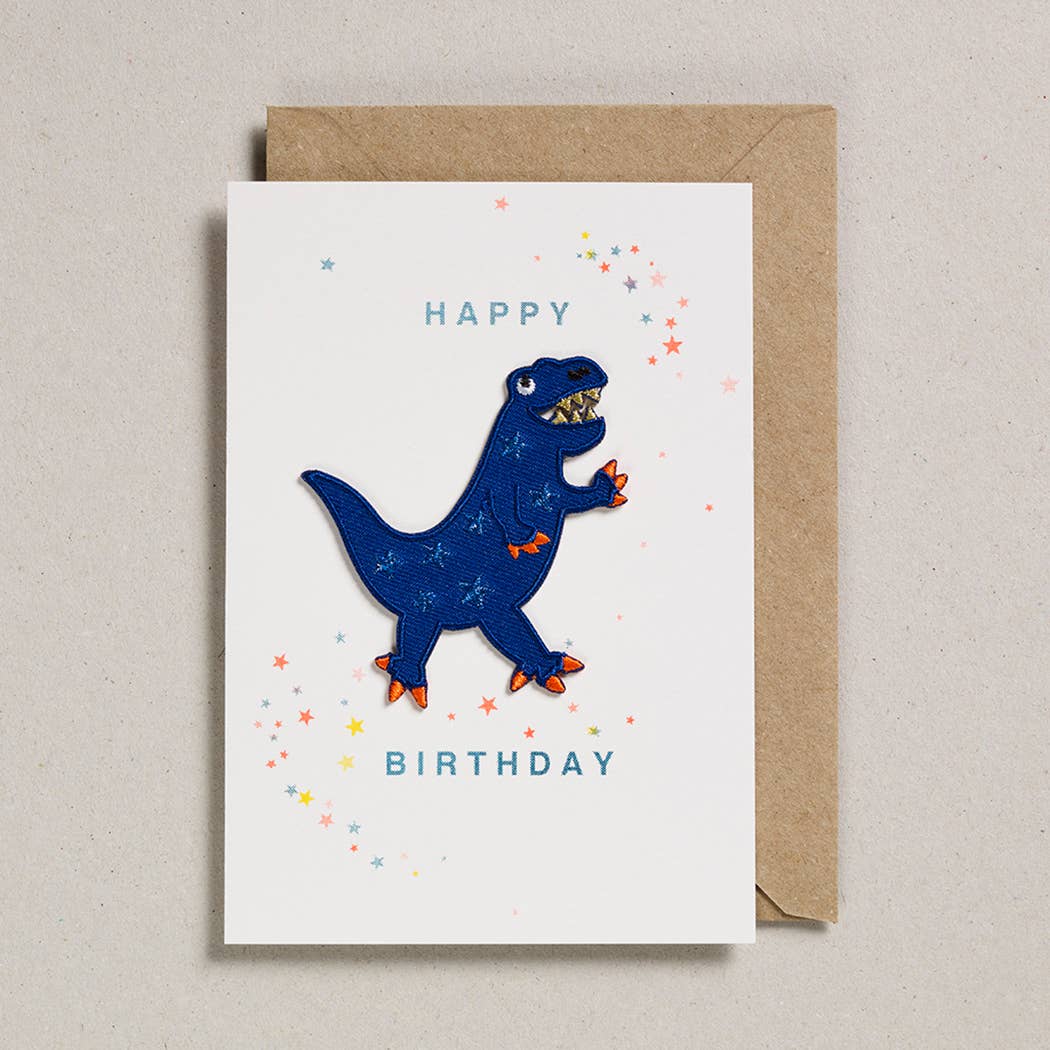 carte de voeux avec patch dinosaure bleu petra boase ltd GC PAT 0027 5060558742888