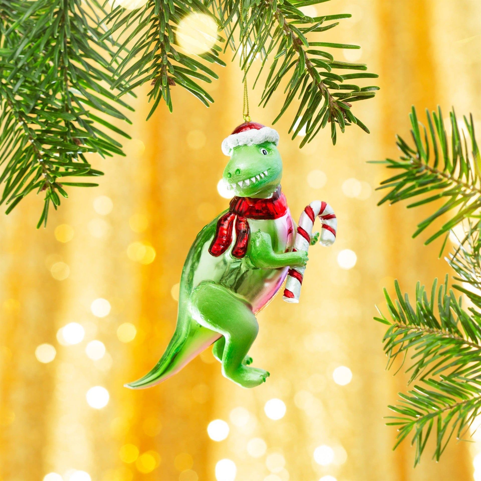 T-Rex Weihnachtskugel mit Zuckerstange