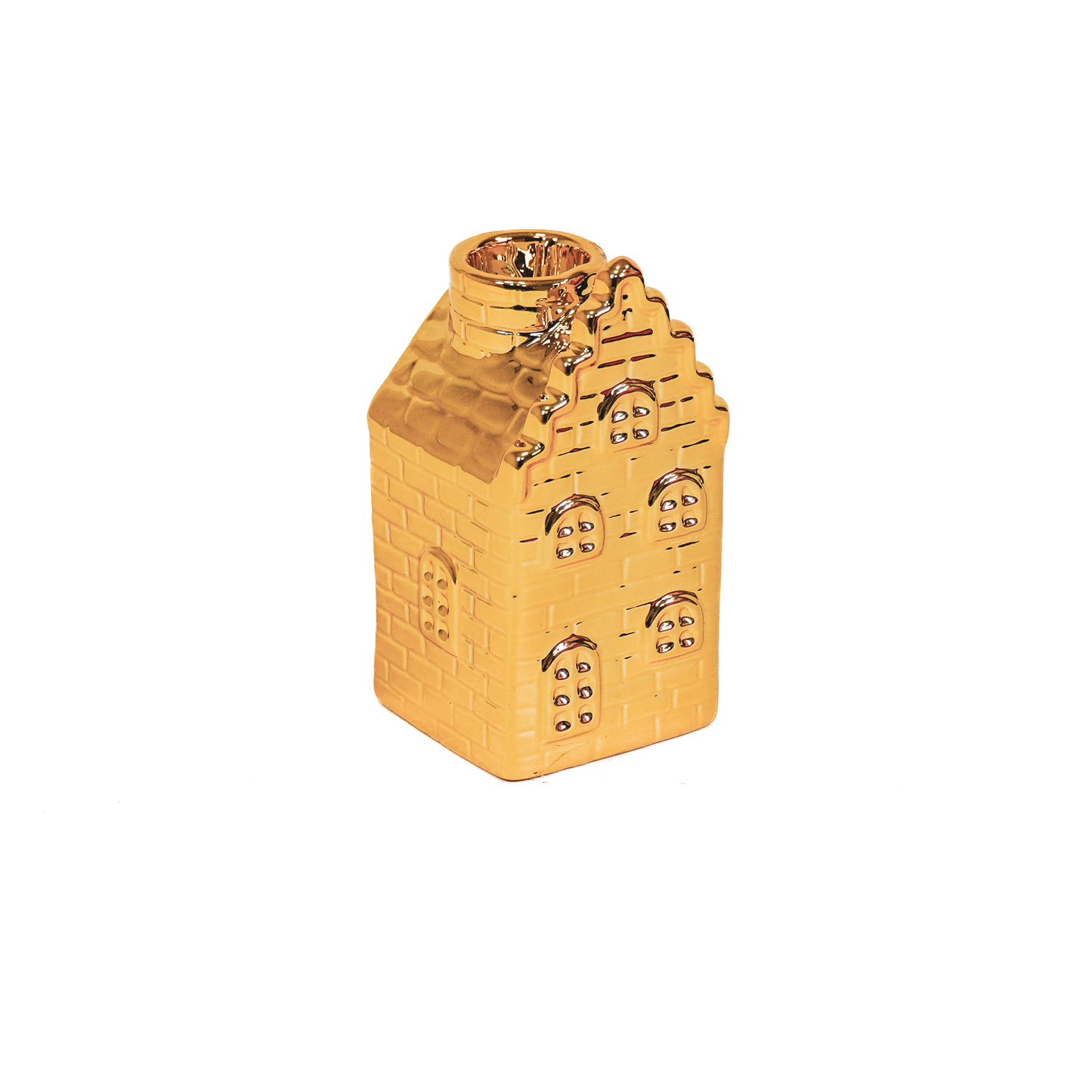 Bougeoir - Maison - Céramique - Doré - 6x6x11cm