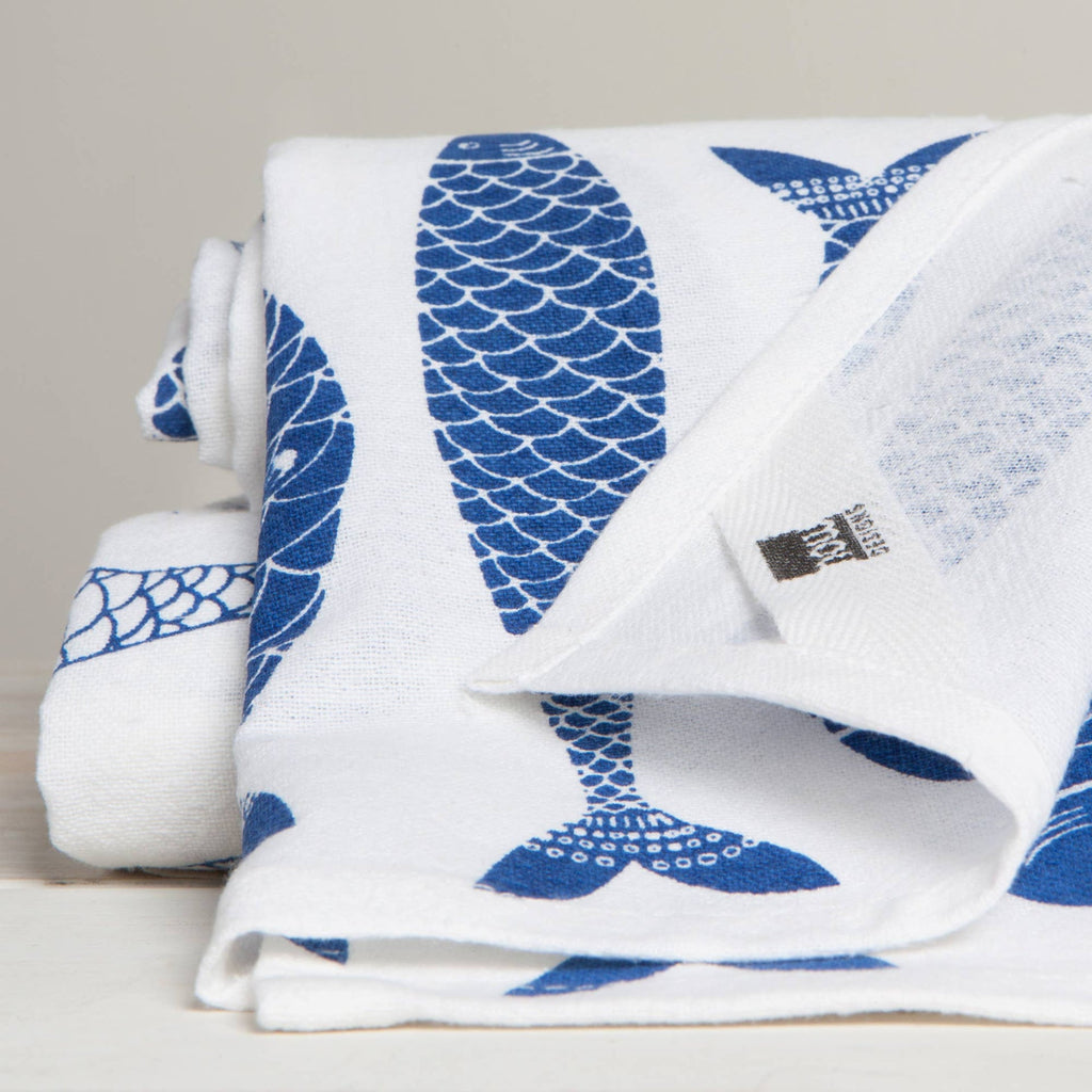 Lot de 2 Torchons à Vaisselle Floursack Bleu Roi à Motif de Poissons