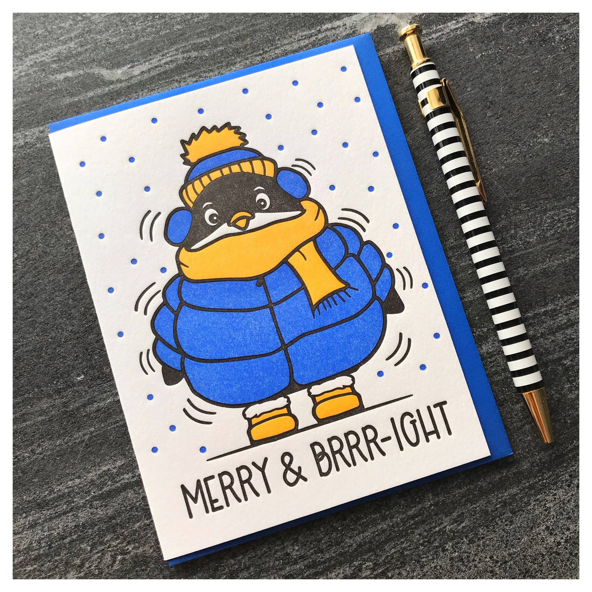 Pinguin-Grußkarte „Merry & Brrright“