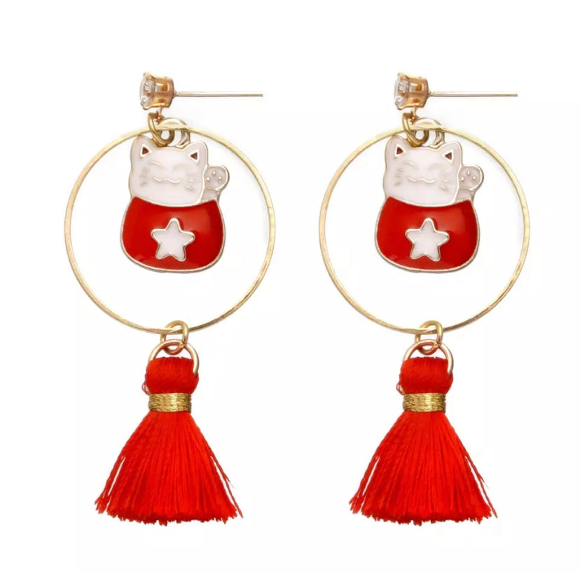 boucles d oreille chat chanceux pompon 53024076