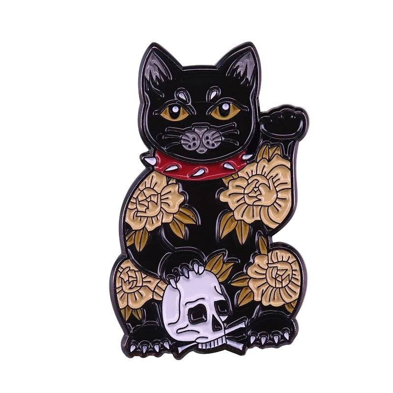 Schwarze Glückskatzen-Totenkopf-Anstecknadel