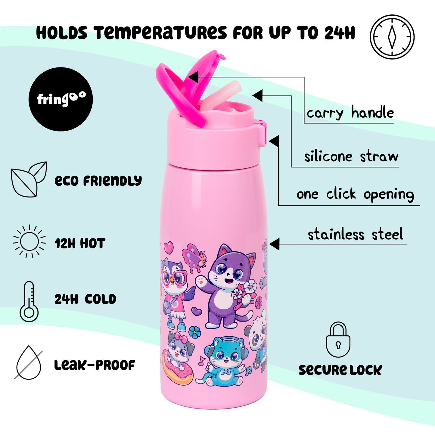 Gourde en acier inoxydable avec paille – acier inoxydable Bottle 350ml -Cute Animals