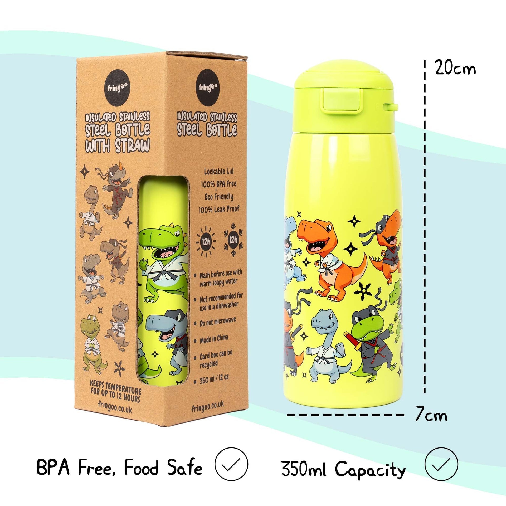 Gourde en acier inoxydable avec paille – acier inoxydable Bottle 350ml – Dino Ninja