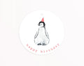 Étiquette ronde d’anniversaire Pingouin Kathings Happy Birthday en papier recyclé FSC